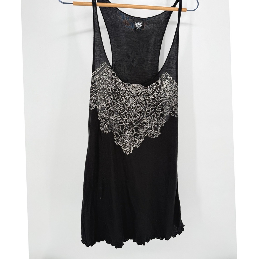 Life & Death Tank Top Womens Large Black Silver Mandala Graphic Racerback Gothic